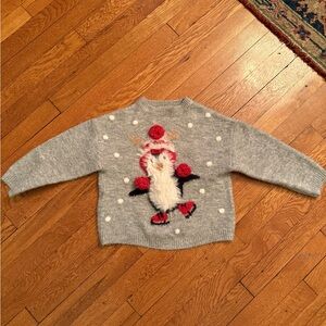 Mango Kids Gray Sweater with ice skating penguin and red pom pom 5T